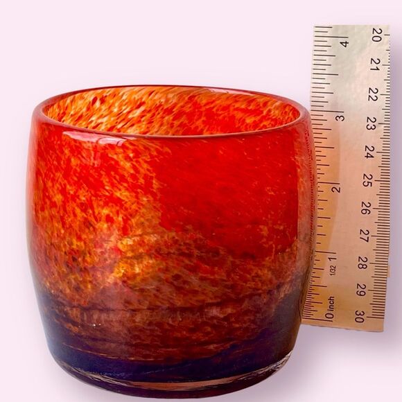 Handcrafted Art Glass Candle Holder Red Orange Swirl - Picture 9 of 10